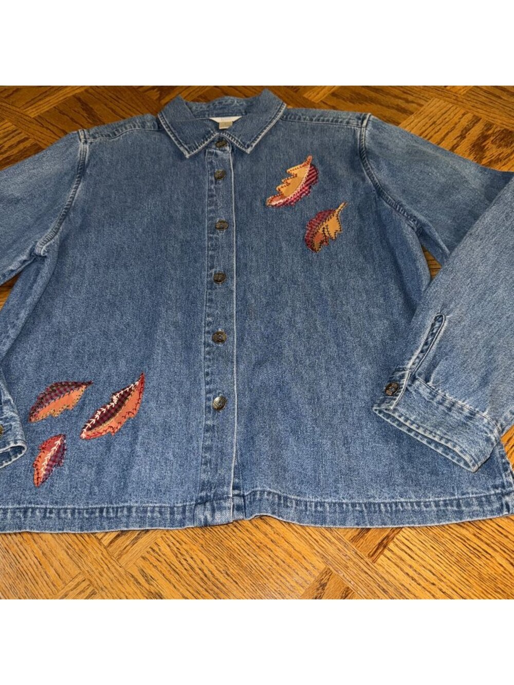 Christopher & Banks Denim Button-Up Shirt With Embroidered Leaves Design Size L